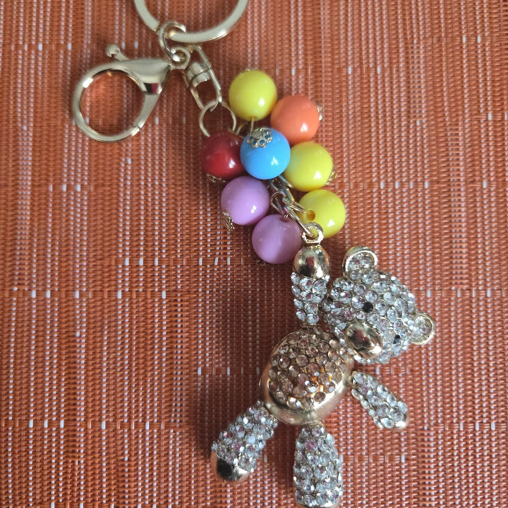 Teddy Bear holding colorful balloons BagCharm/Keychain with Rhinestones NWT